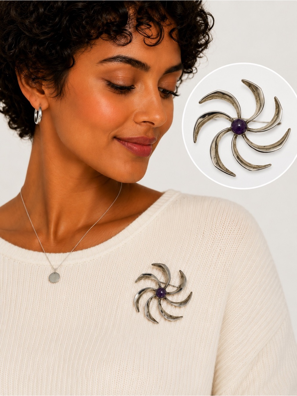 Sterling Silver Amethyst Swirl Brooch | Mid-Century Modern | 2” Estate Jewelry